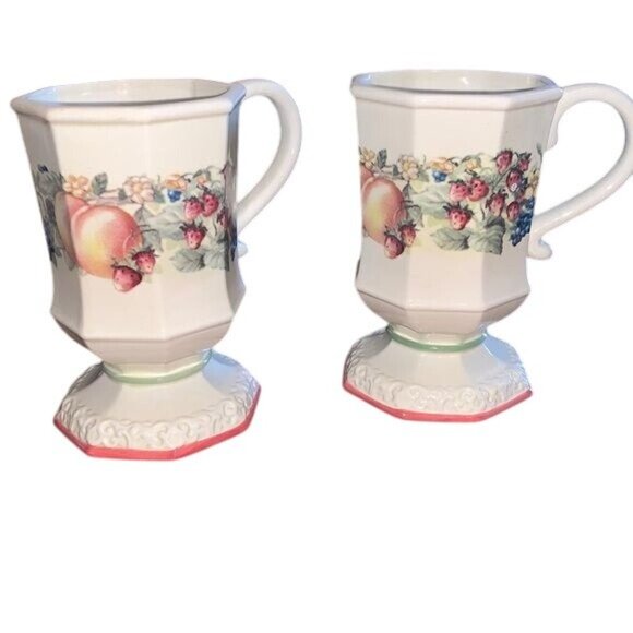 Avon Sweet Country Harvest Pedestal Mugs Set Of 4 Hexagonal Design Fruit & Flora - Picture 2 of 8